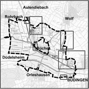 Gebiets&uuml;bersichtskarte zur Ver&ouml;ffentlichung  B&uuml;dingen-B&uuml;ches B457  Az.: UF 2323  1. &Auml;nderungsbeschluss  vom 06.05.2021
