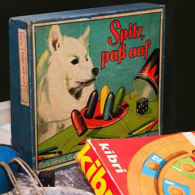 Auf dem Bild sind verschiedene Brettspiele zu sehen, wie zum Beispiel Spitz, pass auf