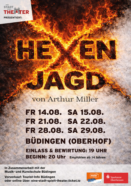 Plakat f&uuml;r die Vorstellungen des Theaterst&uuml;cks "Hexenjagd" vom Verein "Eine Stadt spielt Theater e. V.". Das St&uuml;ck wird am 14.08., 15.08., 21.08., 22.08. 28.08. und 29.08.2026 im Oberhof B&uuml;dingen gespielt.