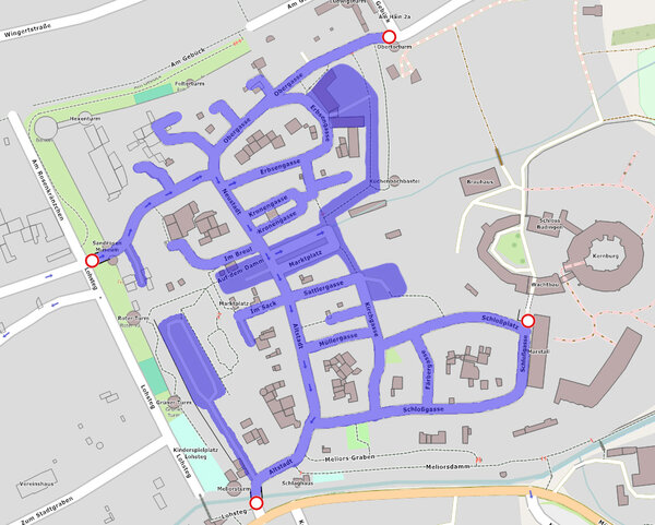 Eine Karte, auf der die von der Kulturnacht betroffenen Stra&szlig;en eingezeichnet sind: Neustadt, Altstadt, Marktplatz, Auf dem Damm, Schlo&szlig;gasse, Schlo&szlig;platz, F&auml;rbergasse, Kirchgasse, Rathausgasse, Sattlergasse, Im Sack, Kronengasse, Erbsengasse, Oberhof und Hohe Dammgasse