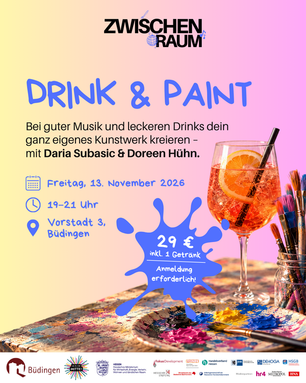 Drink & Paint 
Bei guter Musik und leckeren Drinks dein ganz eigenes Kunstwerk kreieren - mit Daria Subasic und Doreen H&uuml;hn.
