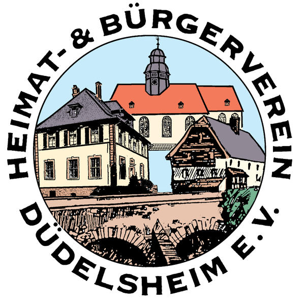 Logo des Heimat- und B&uuml;rgervereins D&uuml;delsheim e.V. ; Zeichnungen mehrerer Wahrzeichen D&uuml;delsheims