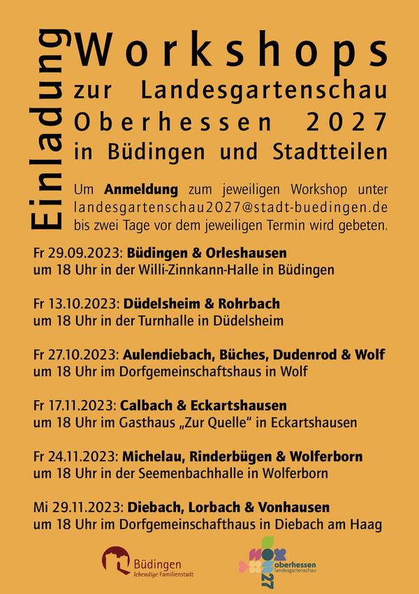 Flyer Workshops Landesgartenschau Oberhessen 2027 in Büdingen im Herbst 2023